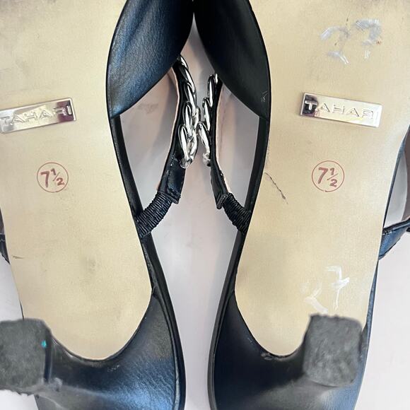 TAHARI WOMENS BLACK WITH SILVER CHAIN MULES LOWER HEEL SIZE 7 1/2 - Picture 8 of 12